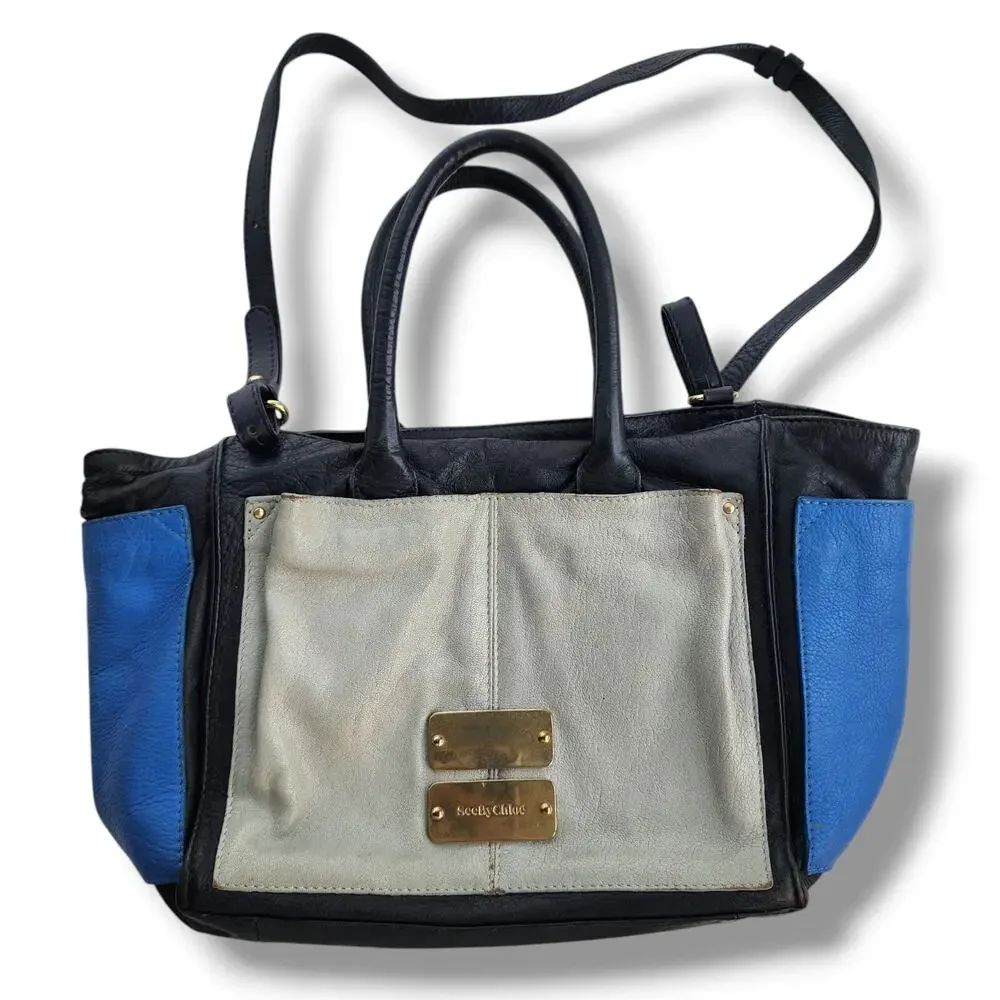 SEE BY CHLOE Nellie Navy Light Blue Gray Leather‎ Handbag Crossbody Trapezoid